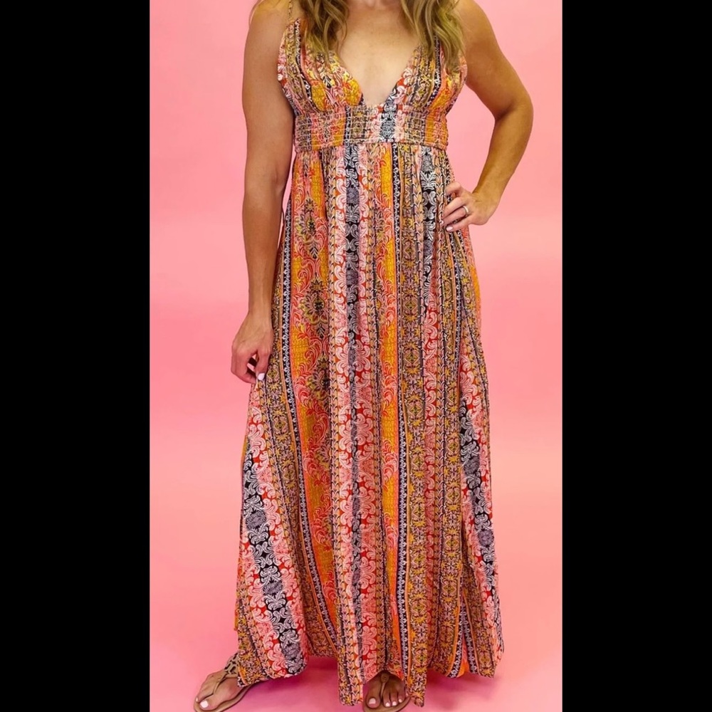 En Creme Boho mixed print gold tassle dress